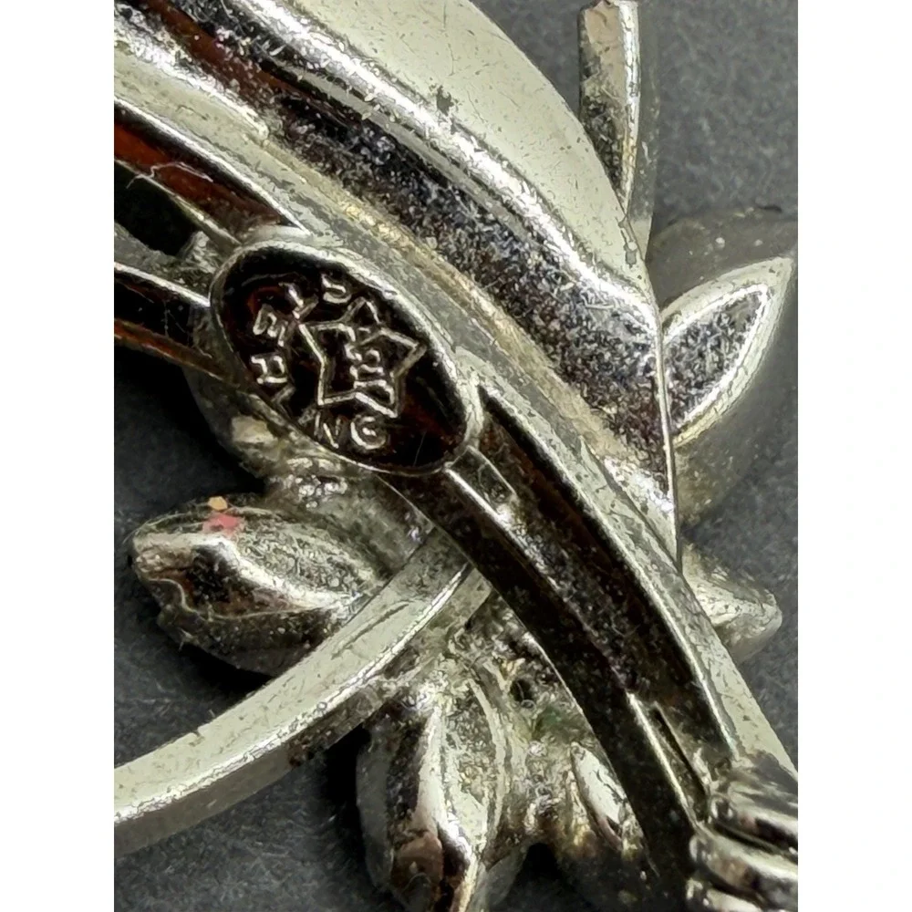 Vintage STAR ART Sterling Silver Flower Spray Brooch Pin Green Rhinestone 1950s